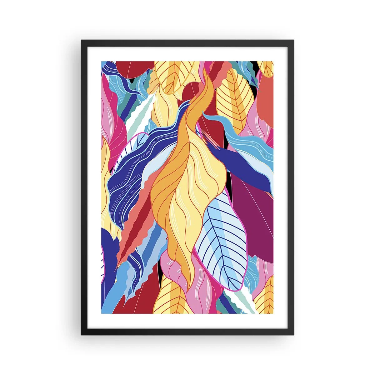 Plakat i sort ramme - Farverige blade i abstrakt stil - 50x70cm - Et farverigt rod - Moderne vægdekoration til stue og soveværelse ARTTOR