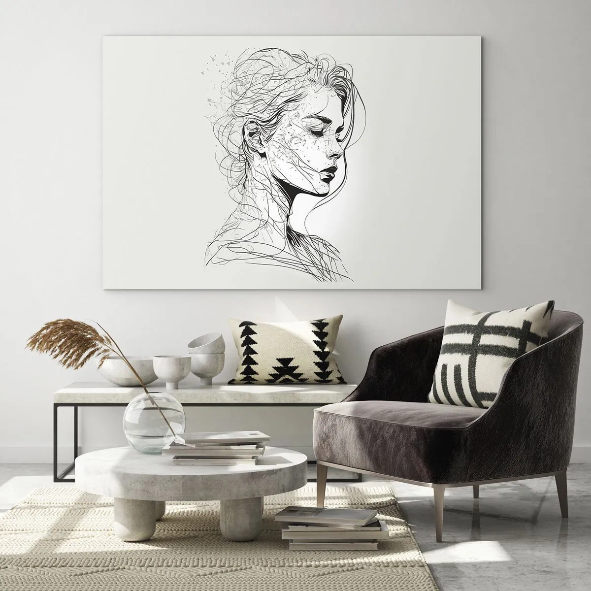 Billede på glas - En sort-hvid skitse af en kvinde med lukkede øjne i en fin linje. - 70x50cm - Portræt i drømmeri - Moderne vægdekoration til stue og soveværelse ARTTOR