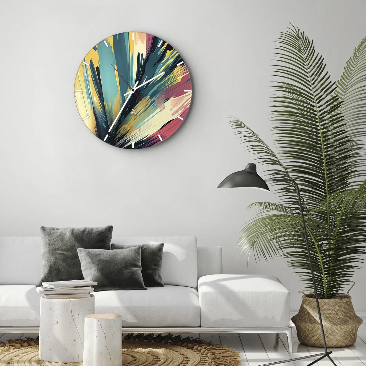 Vægur, Uret - En eksplosion af farver i stil med udtryksfulde penselstrøg. - 30x30cm - Komposition - en eksplosion af glæde - Moderne vægdekoration til stue, køkken og soveværelse ARTTOR