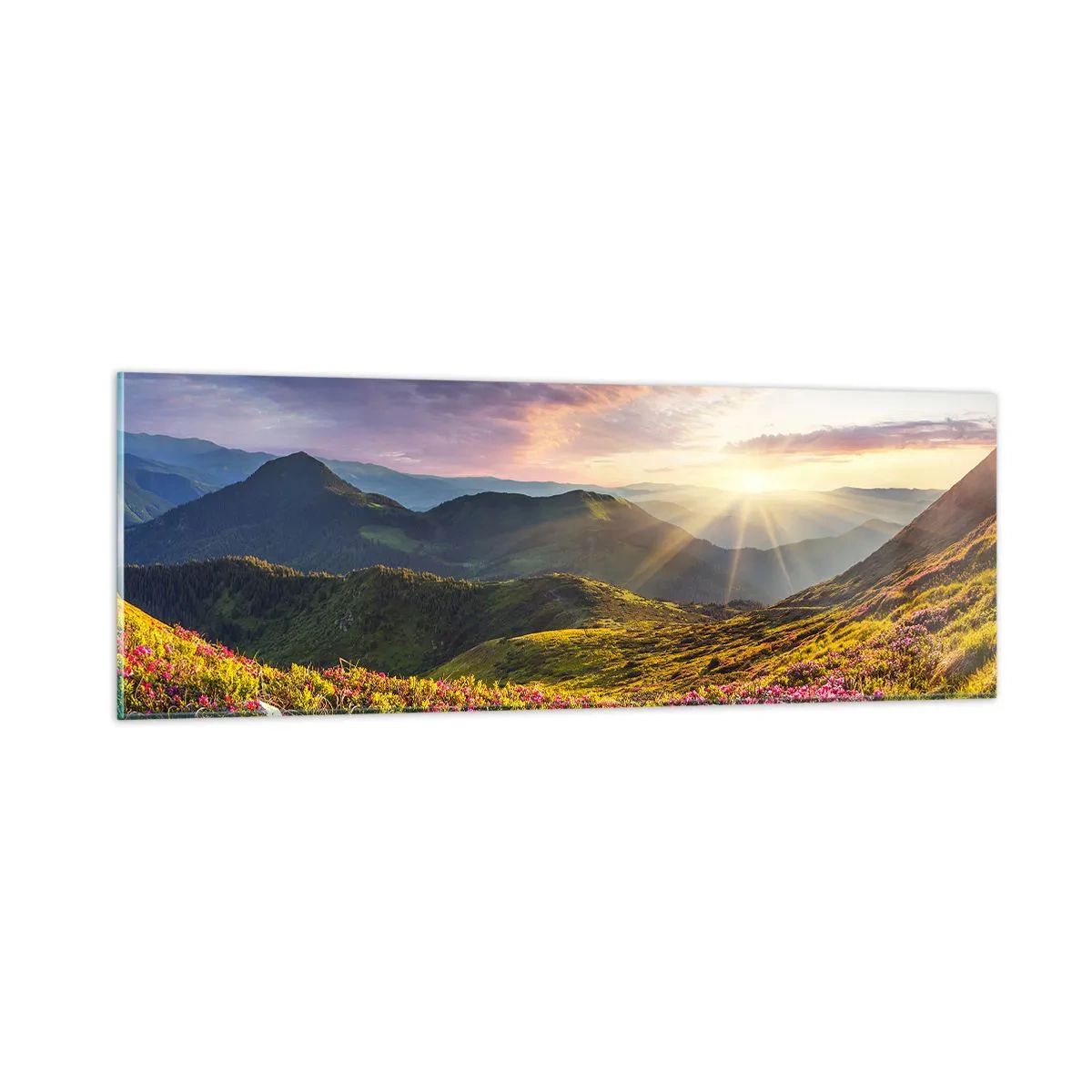 Billede på glas - Friskheden af en morgen i bjergene - 90x30 cm