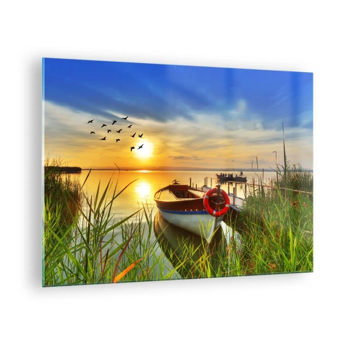 Billede på glas - En båd på en sø ved solnedgang med fugle på himlen - 70x50cm - Skarverne er allerede på vej væk - Moderne vægdekoration til stue og soveværelse ARTTOR