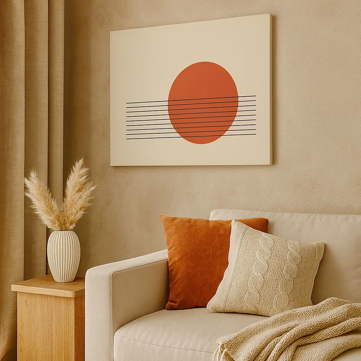 Lærredstryk - Billede på lærred - Abstrakt rød cirkel med linjer på en beige baggrund. - 70x50cm - Og så videre - Moderne vægdekoration til stue og soveværelse ARTTOR