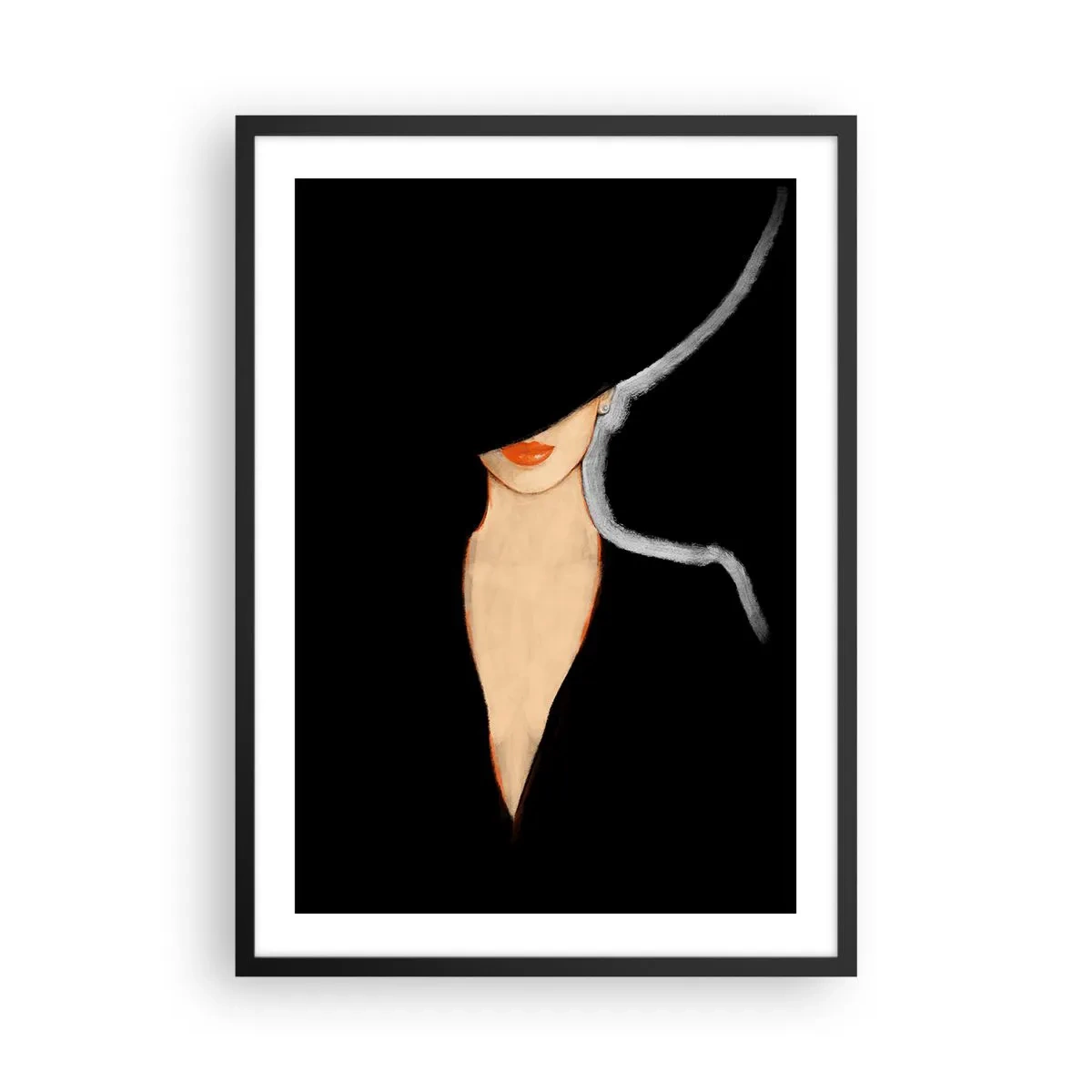 Plakat i sort ramme - En kvinde i en hat med røde læber på en sort baggrund - 50x70cm - Elegance og stil - Moderne vægdekoration til stue og soveværelse ARTTOR