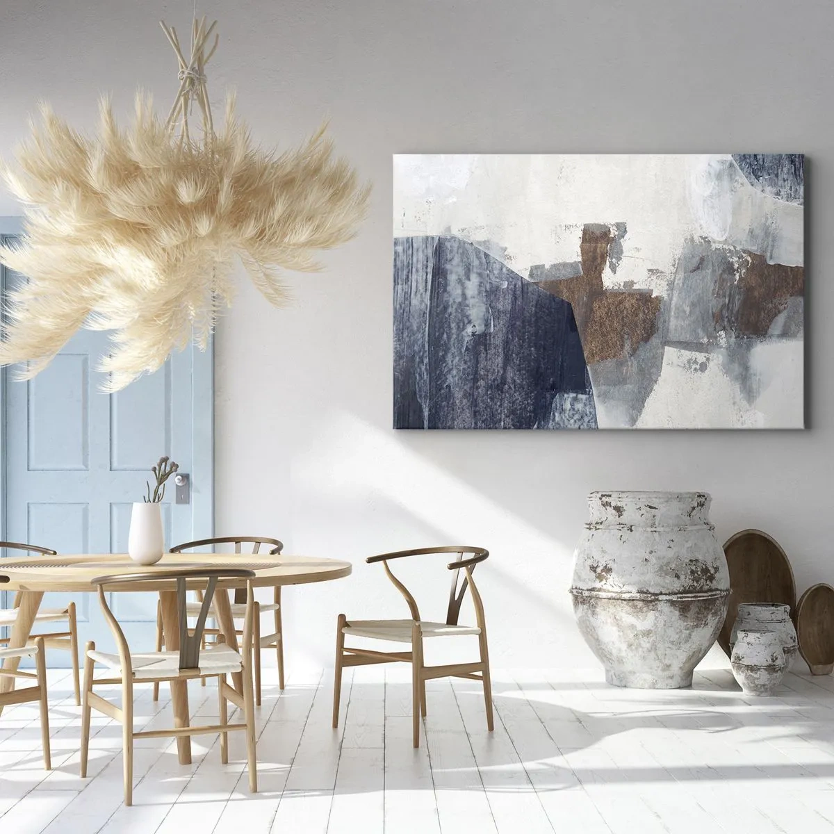 Lærredstryk - Billede på lærred - Abstrakte former i nuancer af blå og brun - 70x50cm - Blåbrune former - Moderne vægdekoration til stue og soveværelse ARTTOR