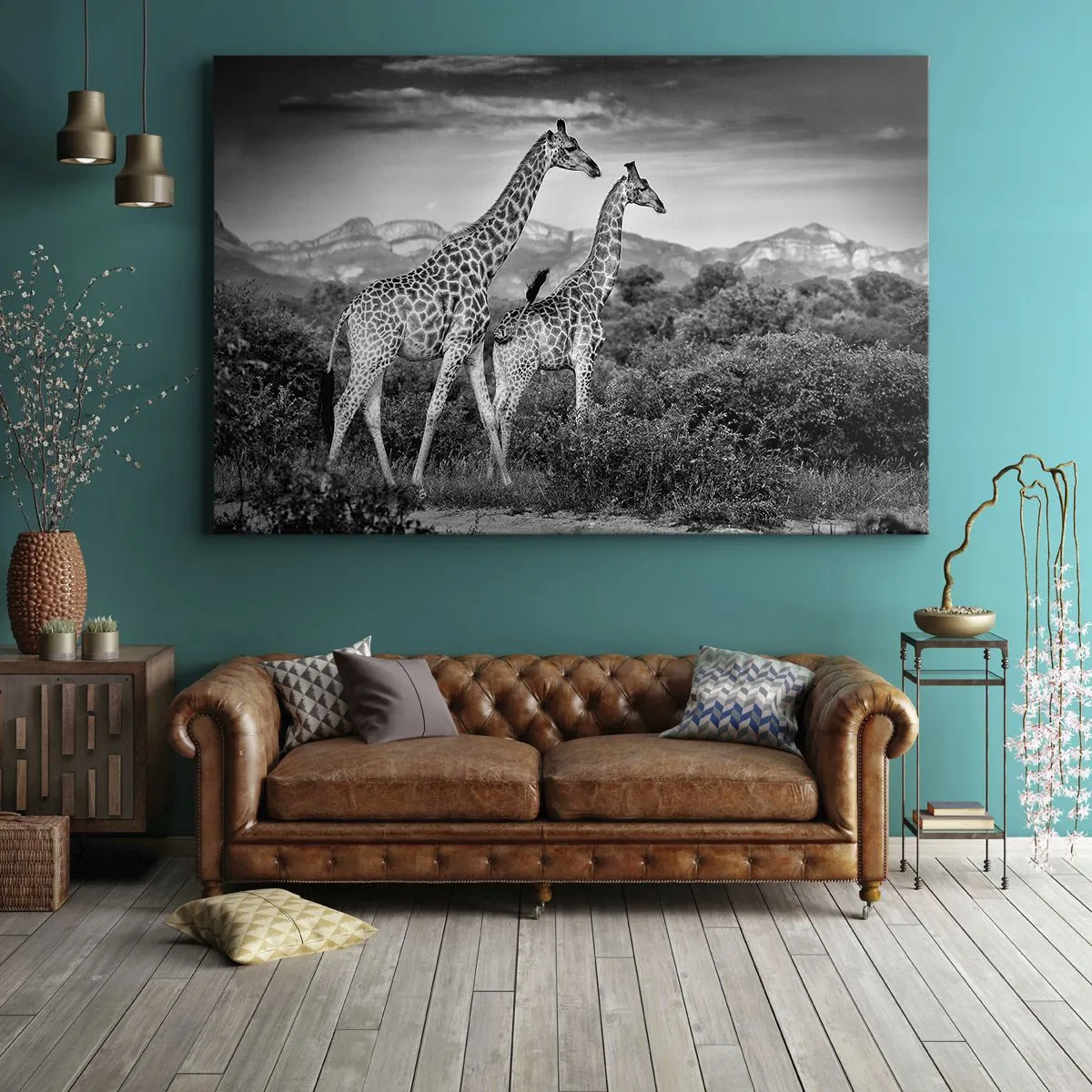 Lærredstryk - Billede på lærred - Sort-hvide silhuetter af to giraffer på savannen - 70x50cm - Afrikas overklasse - Moderne vægdekoration til stue og soveværelse ARTTOR
