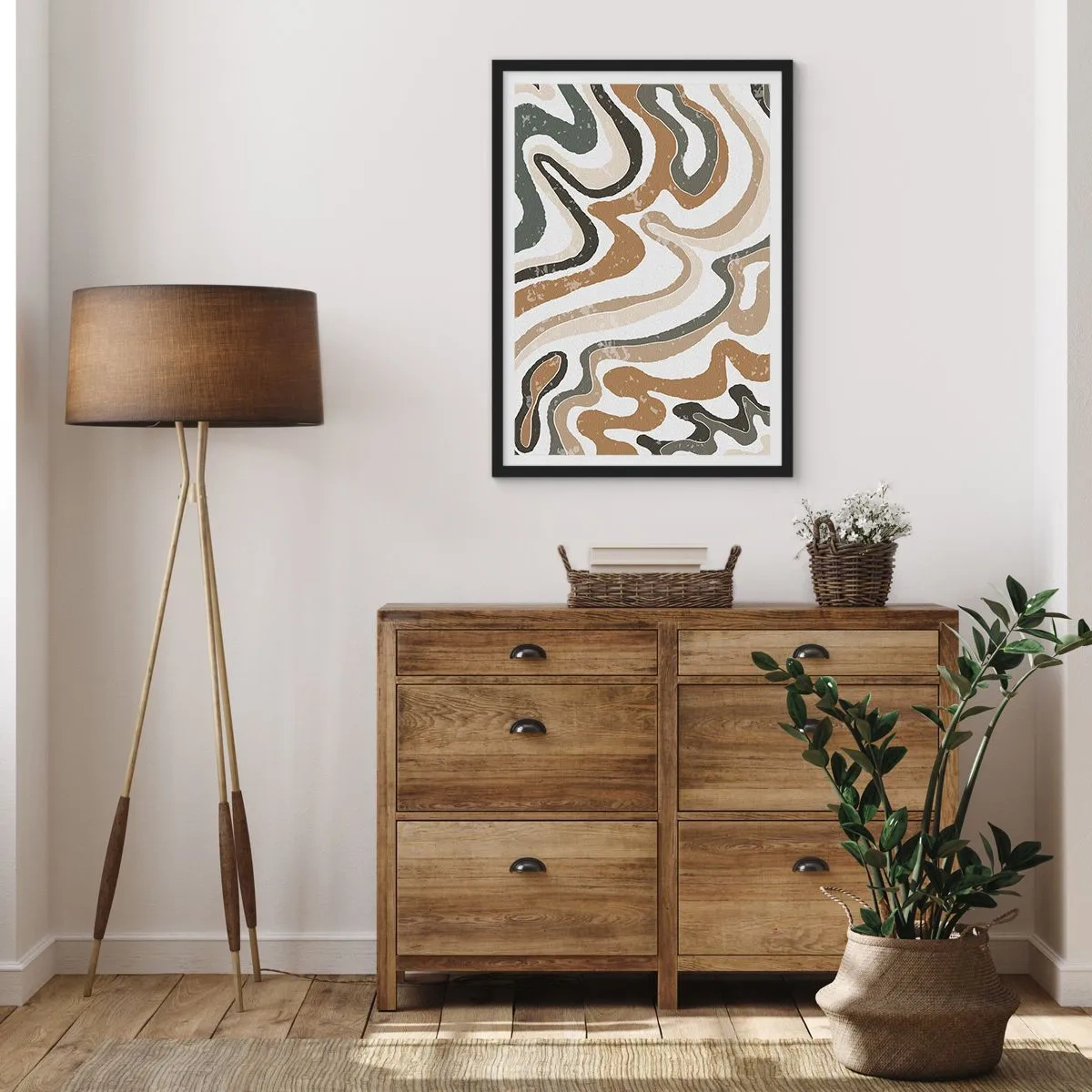 Plakat i sort ramme - Abstrakte organiske mønstre i jordfarver - 50x70cm - Slyngninger af jordfarver - Moderne vægdekoration til stue og soveværelse ARTTOR