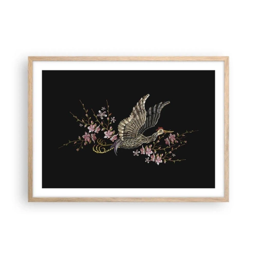 Plakat i ramme af lyst egetræ - Eksotisk broderet fugl - 70x50 cm