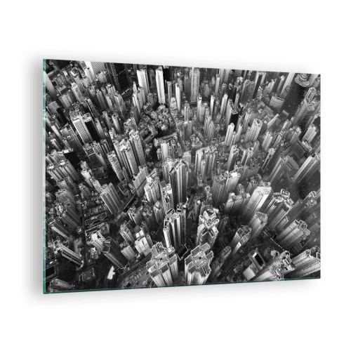 Billede på glas - Sort-hvid fugleperspektiv over byen - 70x50cm - Stadig højere og højere - Moderne vægdekoration til stue og soveværelse ARTTOR