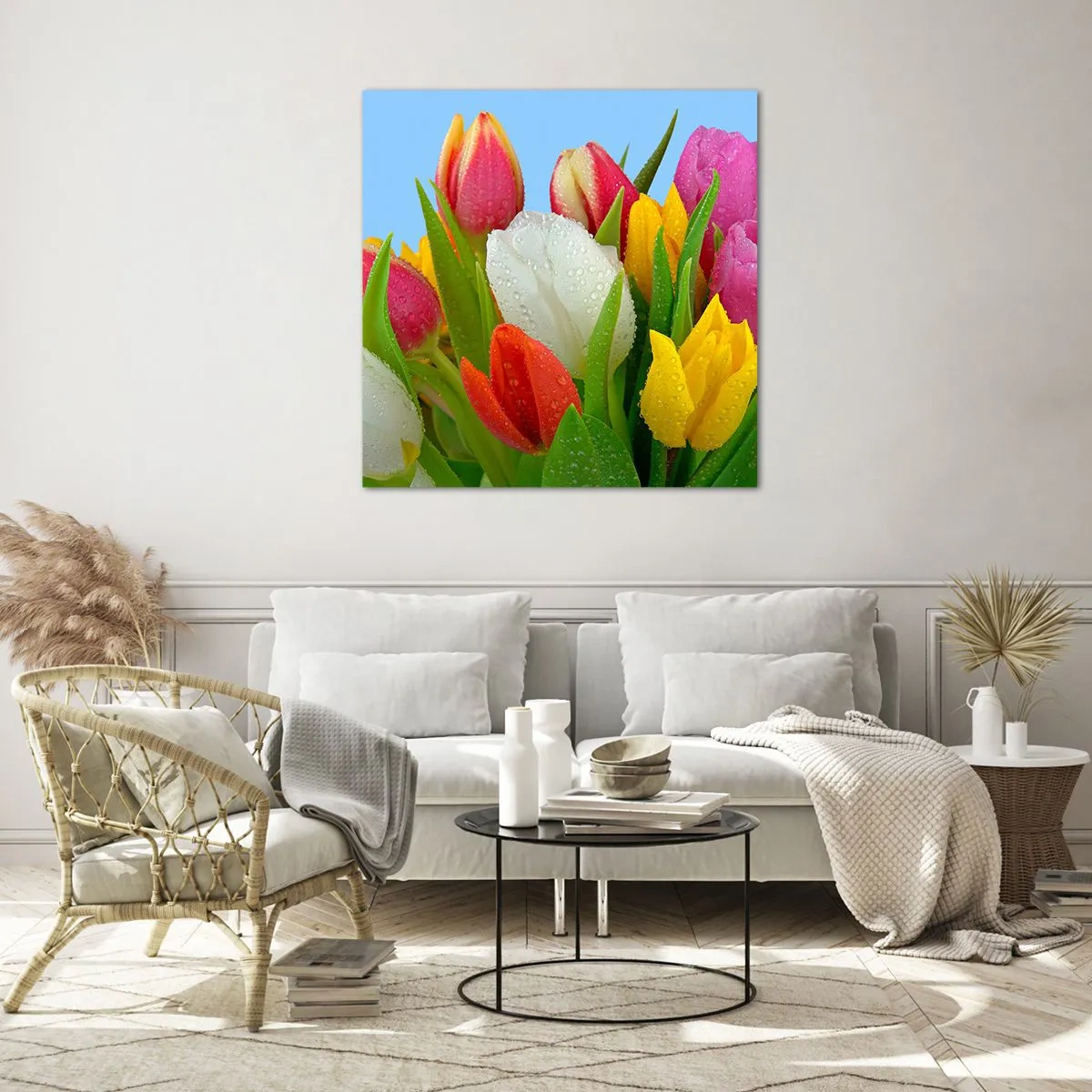 Billede på glas - En blomstret regnbue i dugdråber - 60x60 cm