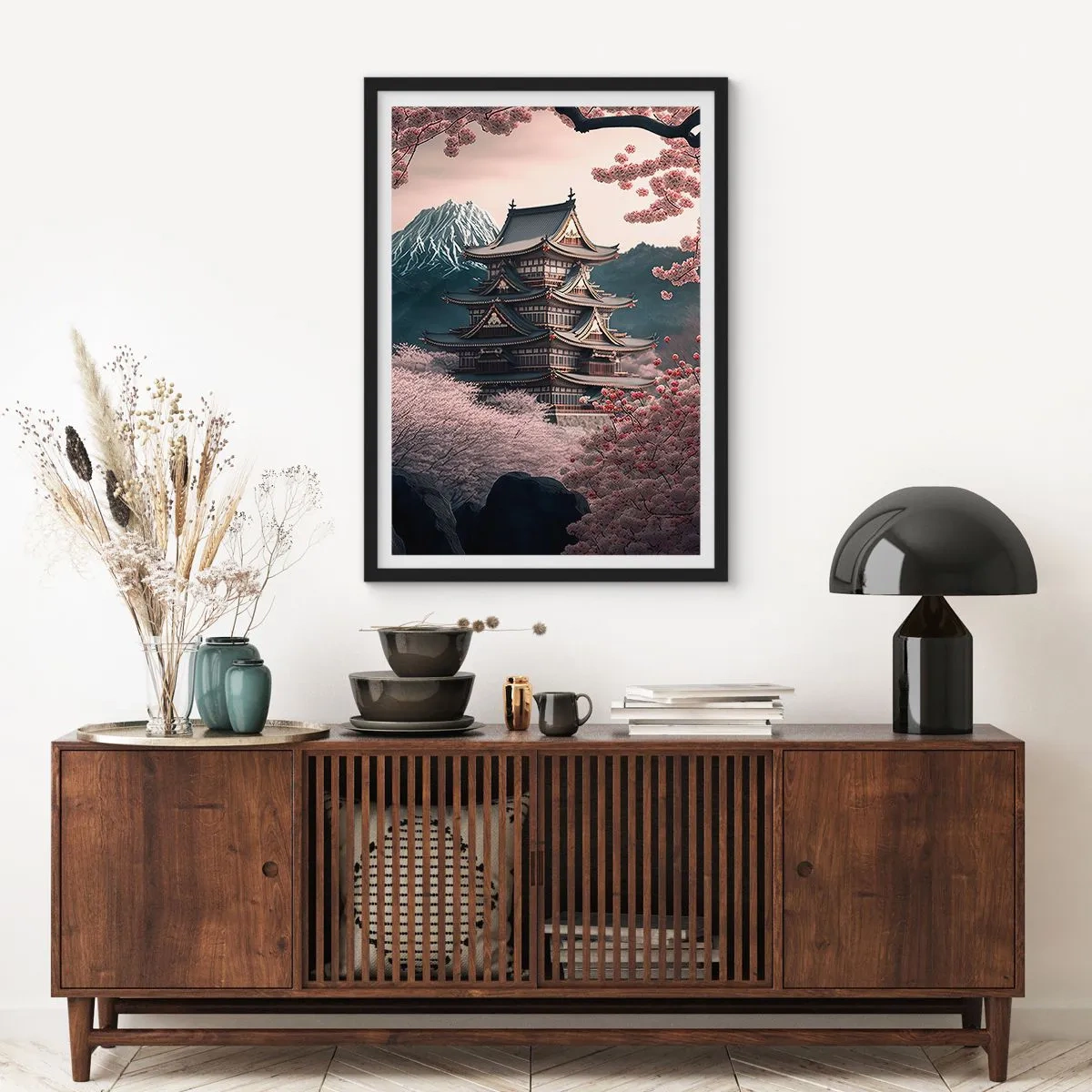 Plakat i sort ramme - Japansk pagode blandt kirsebærblomster - 50x70cm - Kirsebærblomsternes land - Moderne vægdekoration til stue og soveværelse ARTTOR