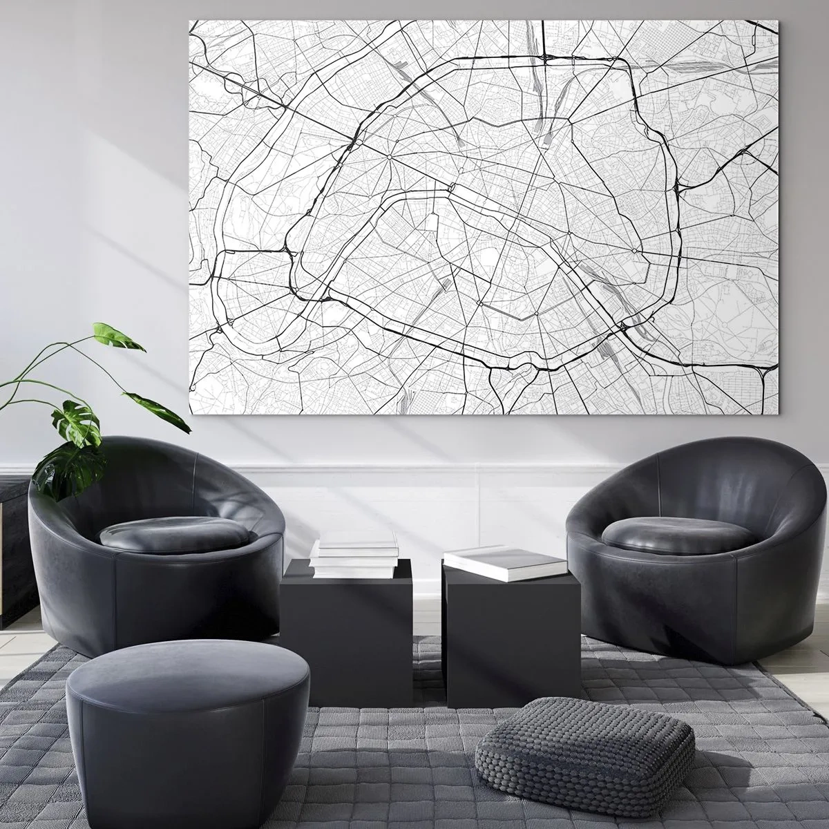 Billede på glas - Sort-hvidt bykort med gaderit og cirkulære hovedfærdselsårer - 70x50cm - Paris' blomst - Moderne vægdekoration til stue og soveværelse ARTTOR