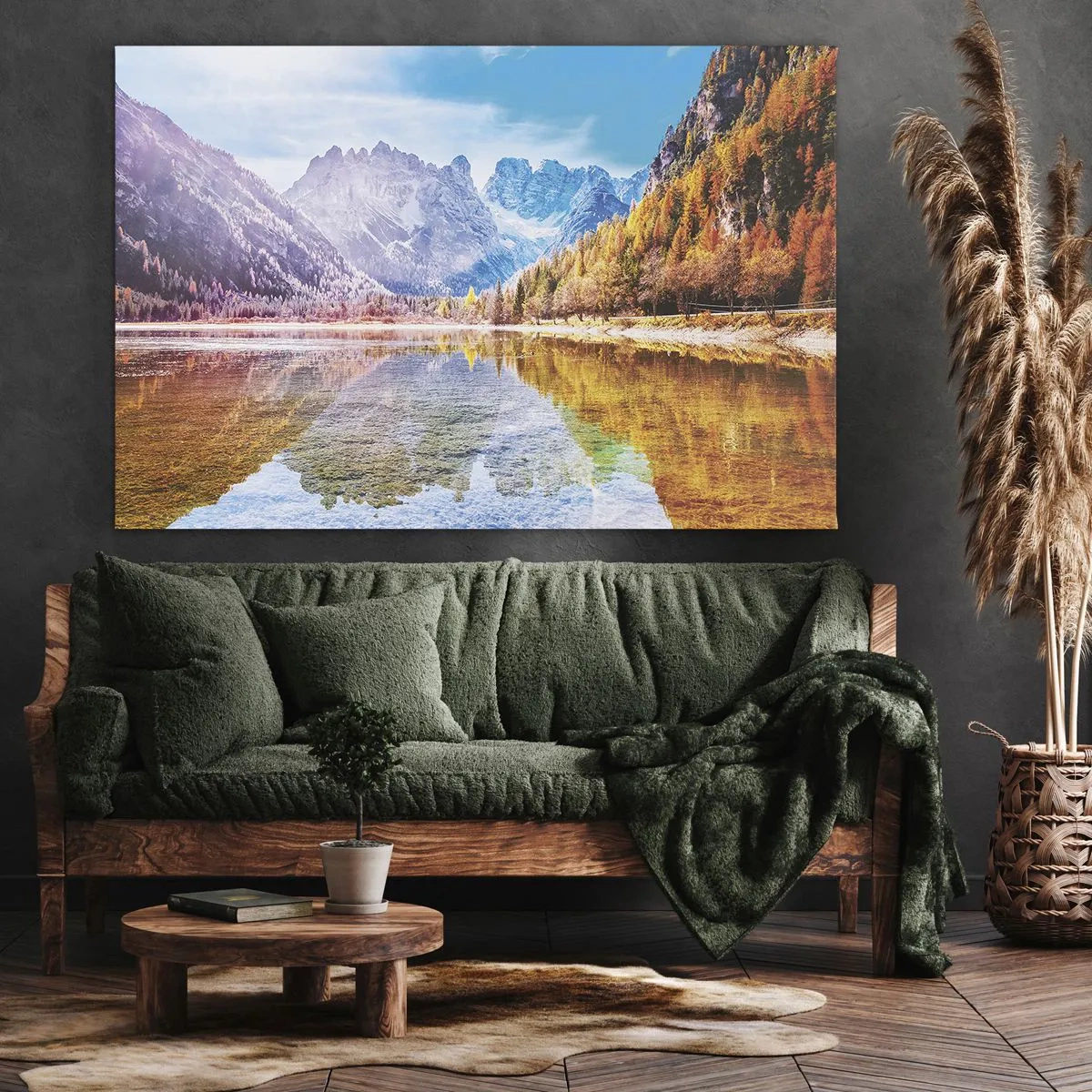 Lærredstryk - Billede på lærred - Efterårsbjerglandskab med en sø - 70x50cm - Og det er allerede efterår i bjergene - Moderne vægdekoration til stue og soveværelse ARTTOR