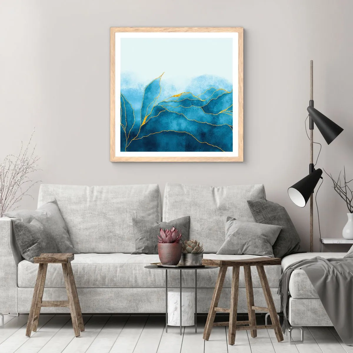 Plakat i ramme af lyst egetræ - Blå i guld - 60x60 cm
