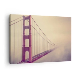 Lærredstryk - Billede på lærred - En bro i tågen i pastelfarver, et symbol på elegance og fred - 70x50cm - Mellem himmel og jord - Moderne vægdekoration til stue og soveværelse ARTTOR