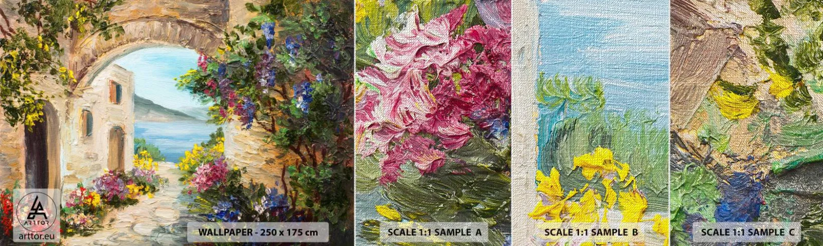 Prøve Fototapet Premium Canvas - Charmen af kystlandskabet - Arkitektur, Grækenland, Blomster - 100x30 cm