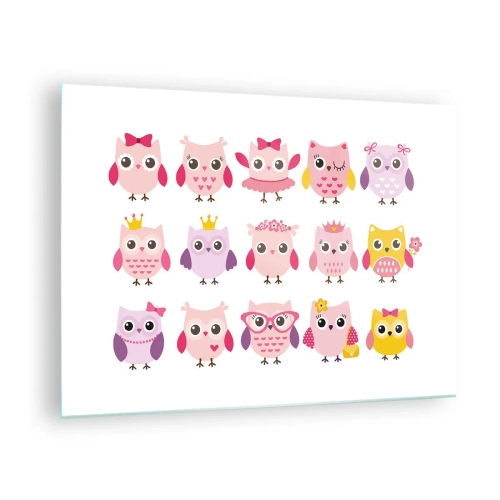 Billede på glas - Farverige ugler i forskellige mønstre på en hvid baggrund - 70x50cm - Den ene er sødere end den anden - Moderne vægdekoration til stue og soveværelse ARTTOR