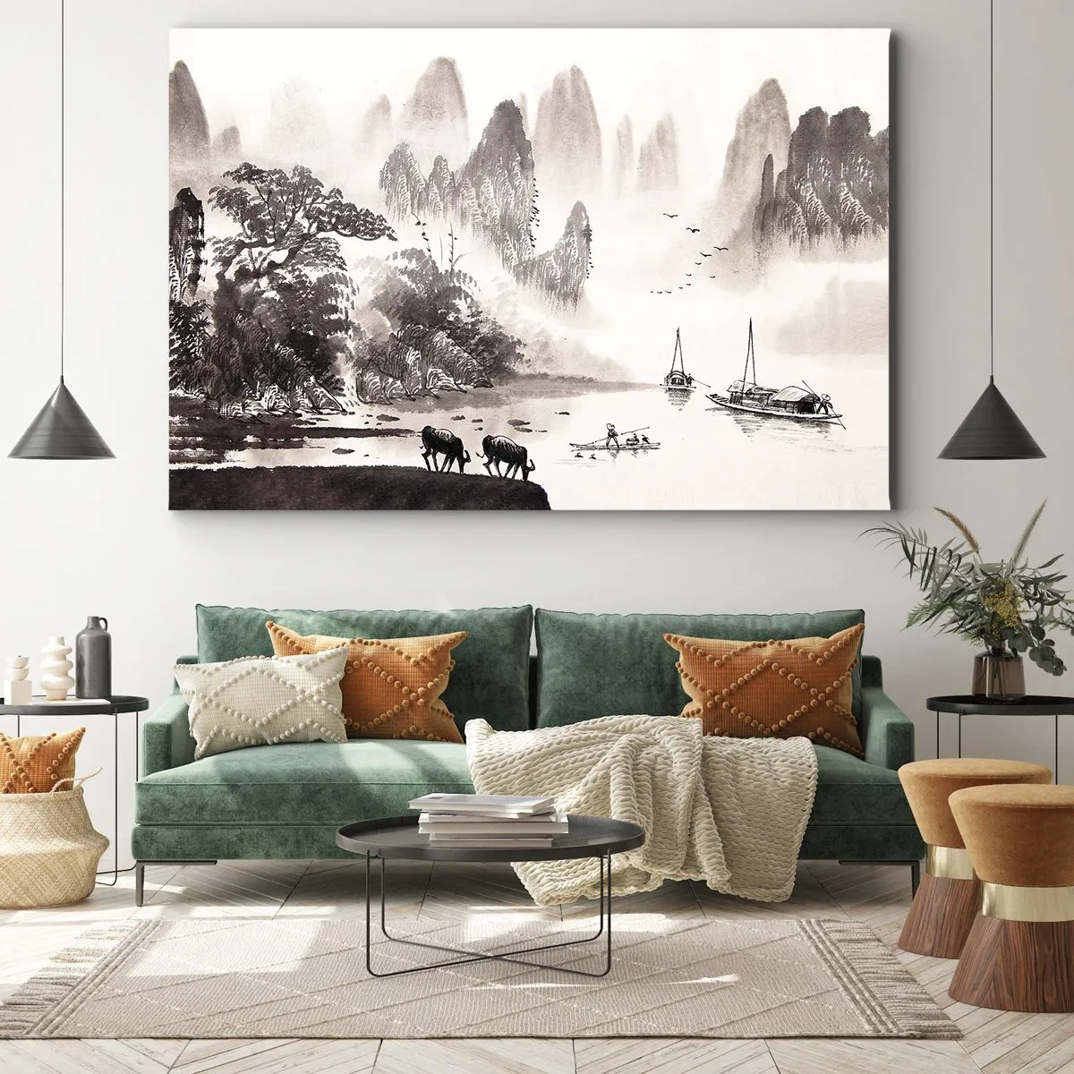 Lærredstryk - Billede på lærred - Et malerisk landskab i asiatisk stil med tågede bjerge - 70x50cm - Østens eksotiske hverdag - Moderne vægdekoration til stue og soveværelse ARTTOR
