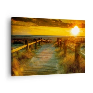 Lærredstryk - Billede på lærred - En træsti, der fører til stranden i den nedgående sols skær - 70x50cm - Badet i gammelt guld - Moderne vægdekoration til stue og soveværelse ARTTOR