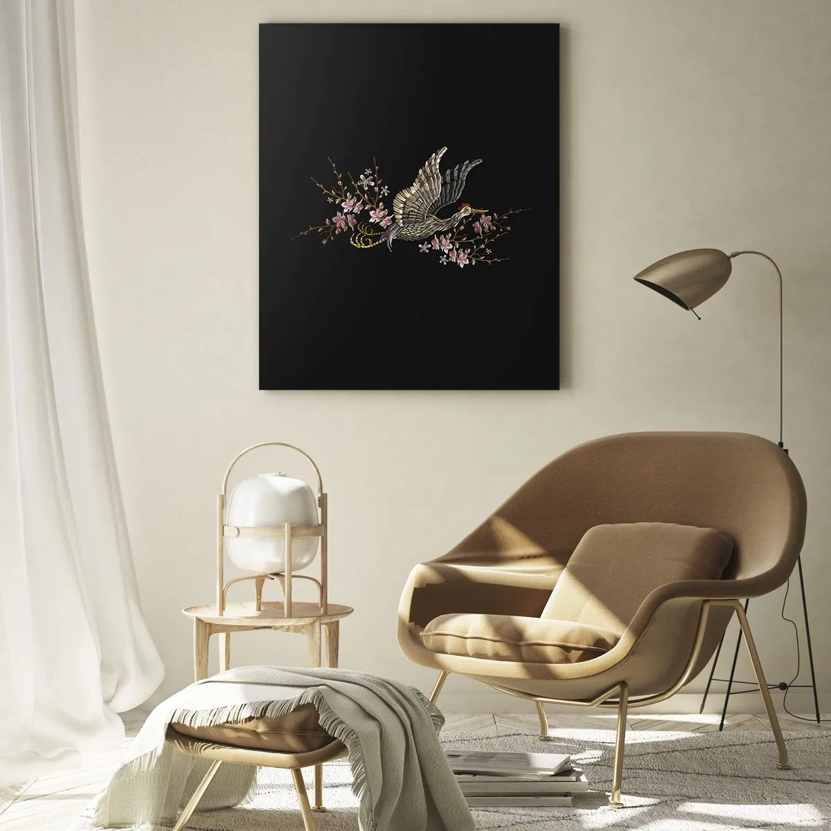 Billede på glas - Eksotisk broderet fugl - 50x70 cm