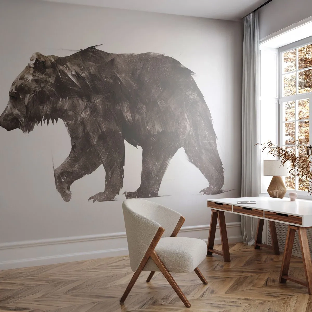 Fototapet Premium Sand - Jeg går altid med ægte pels! - Dyr, Bjørn, Abstraktion - 150x105 cm