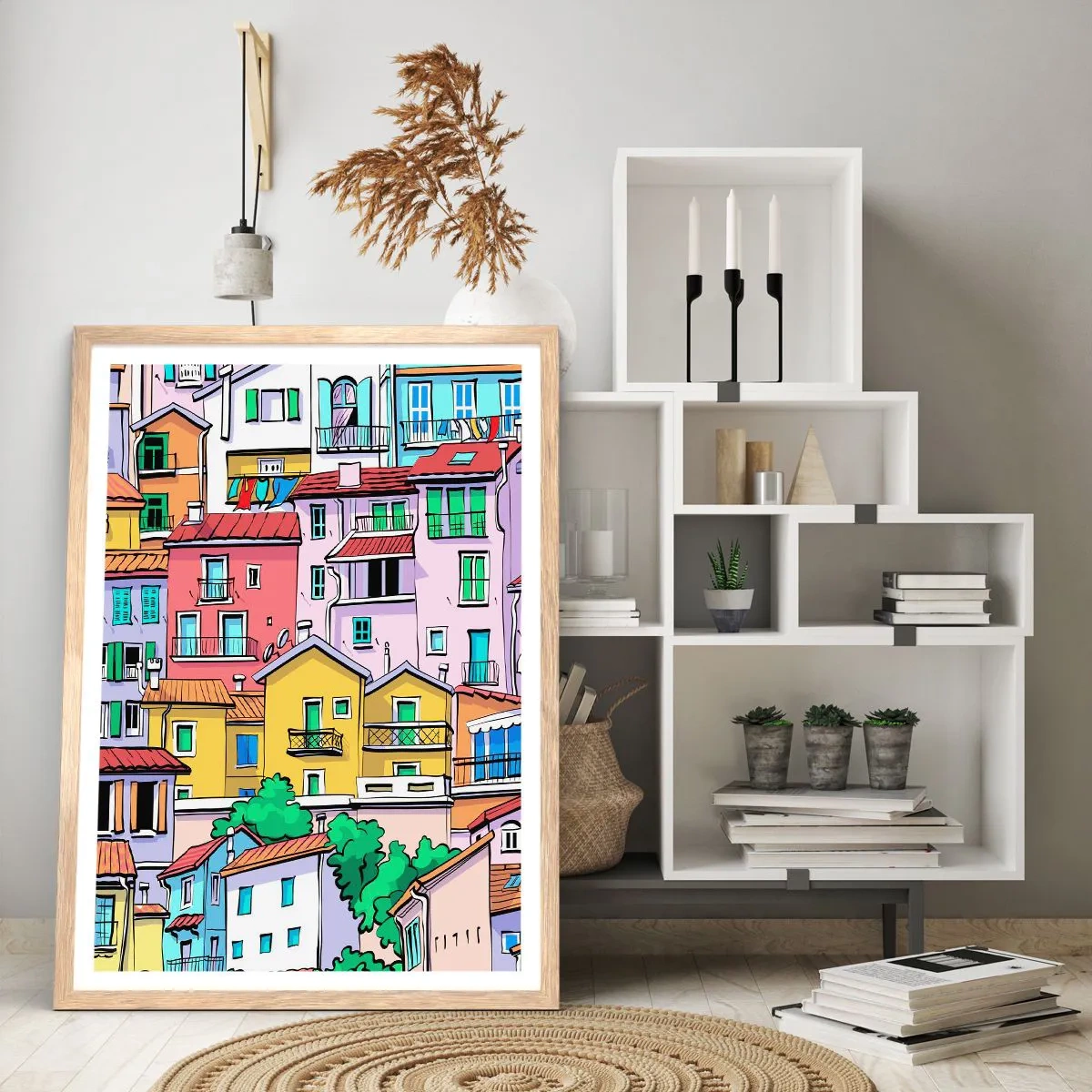 Plakat i ramme af lyst egetræ - Glædelig by - 30x40 cm