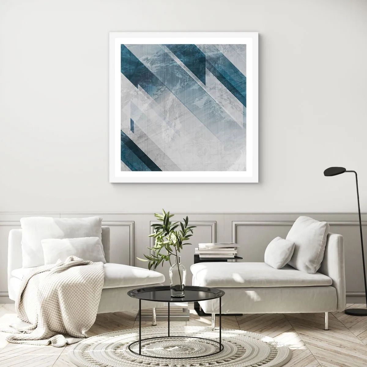 Plakat i hvid ramme - Rumlig komposition - bevægelse af gråtoner - 30x30 cm