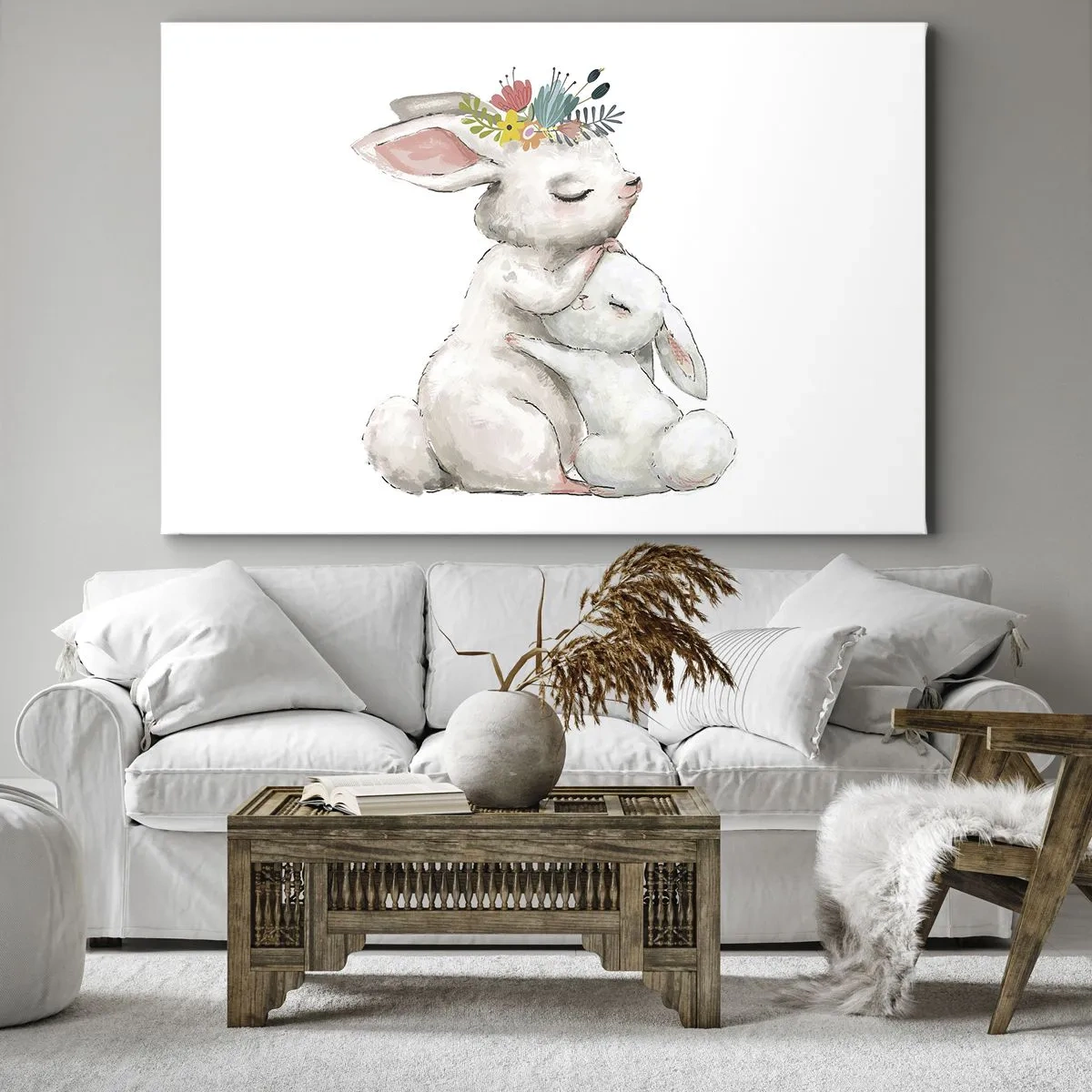 Lærredstryk - Billede på lærred - Søde kaniner i pastelfarver - 70x50cm - Der er intet sted som hos mor - Moderne vægdekoration til stue og soveværelse ARTTOR