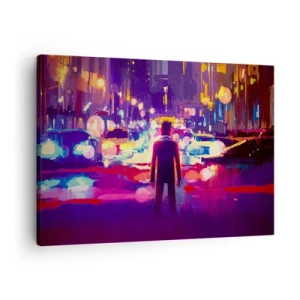 Lærredstryk - Billede på lærred - En mand i en neonby-nattescene - 70x50cm - Nedsænket i lys - Moderne vægdekoration til stue og soveværelse ARTTOR