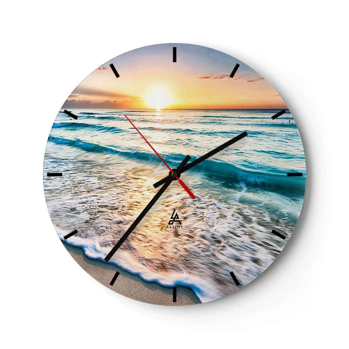 Vægur, Uret - Solnedgang over havet med bølger ved kysten - 30x30cm - Et synspunkt, der er værd at have - Moderne vægdekoration til stue, køkken og soveværelse ARTTOR