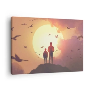 Lærredstryk - Billede på lærred - Figurer mod baggrunden af den nedgående sol - 70x50cm - Ansigt til ansigt med solen - Moderne vægdekoration til stue og soveværelse ARTTOR