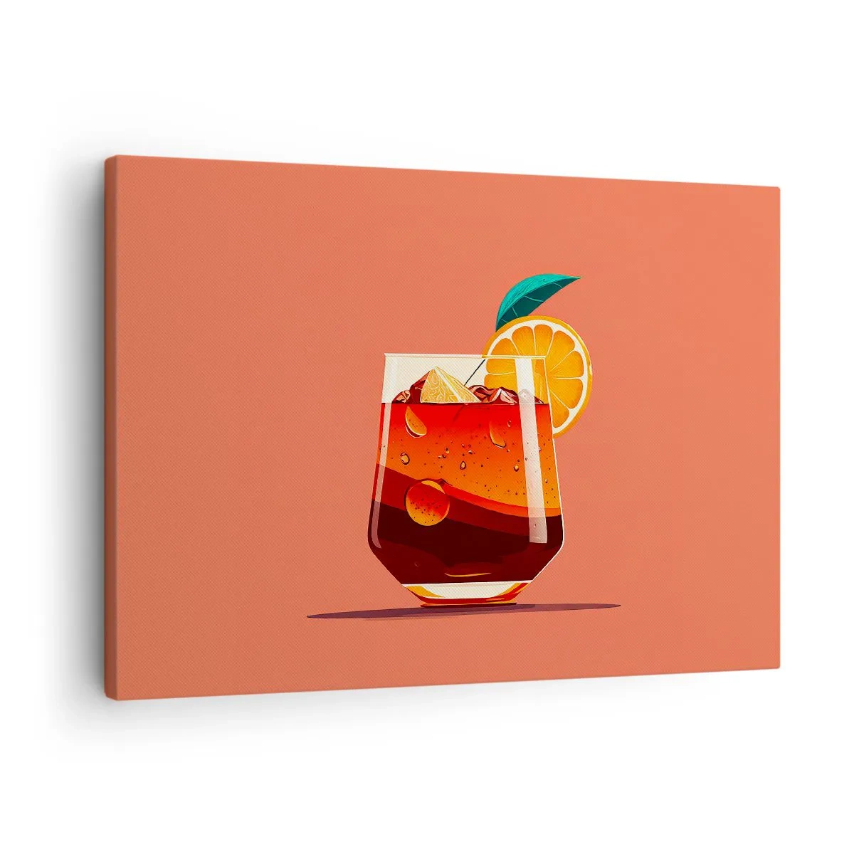 Lærredstryk - Billede på lærred - Et glas drink og en appelsinskive på en orange baggrund - 70x50cm - Sommerens forfriskning - Moderne vægdekoration til stue og soveværelse ARTTOR