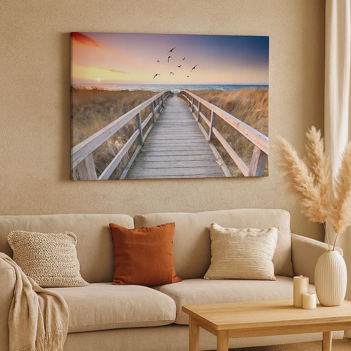 Lærredstryk - Billede på lærred - Træbro, der fører til stranden ved solnedgang - 70x50cm - Rummet med højder - Moderne vægdekoration til stue og soveværelse ARTTOR