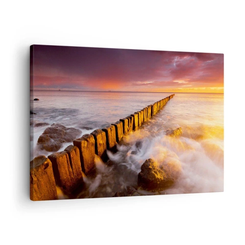 Lærredstryk - Billede på lærred - Et malerisk landskab ved havet ved solnedgang - 70x50cm - Bølgernes blidhed - Moderne vægdekoration til stue og soveværelse ARTTOR