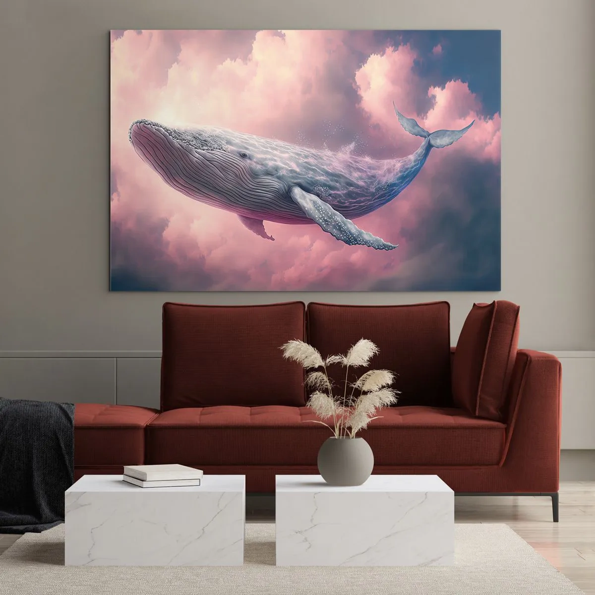 Billede på glas - En hval, der svæver i skyerne med en lyserød glød - 70x50cm - Tør dine øjne - Moderne vægdekoration til stue og soveværelse ARTTOR