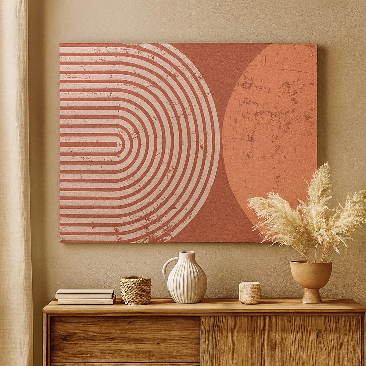 Lærredstryk - Billede på lærred - Geometriske mønstre i terrakottafarver på en vintage baggrund - 70x50cm - Tæt forhold - Moderne vægdekoration til stue og soveværelse ARTTOR