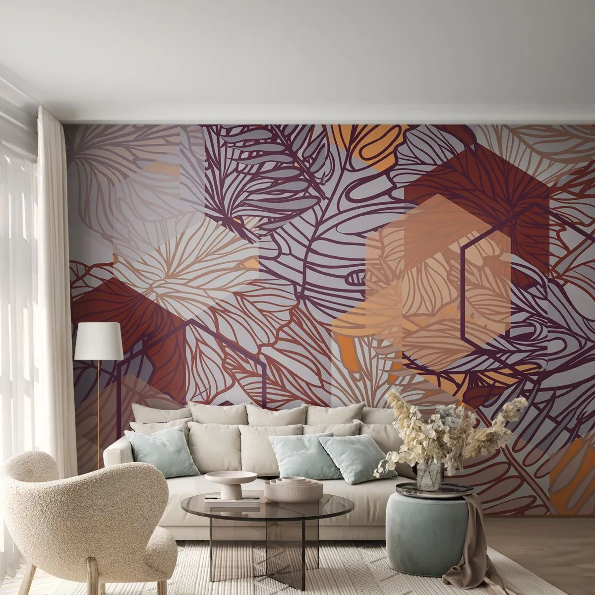 Fototapet Standard Eco - Umuligt forhold mellem geometri og natur - Abstraktion, Grafik, Blade - 200x140 cm