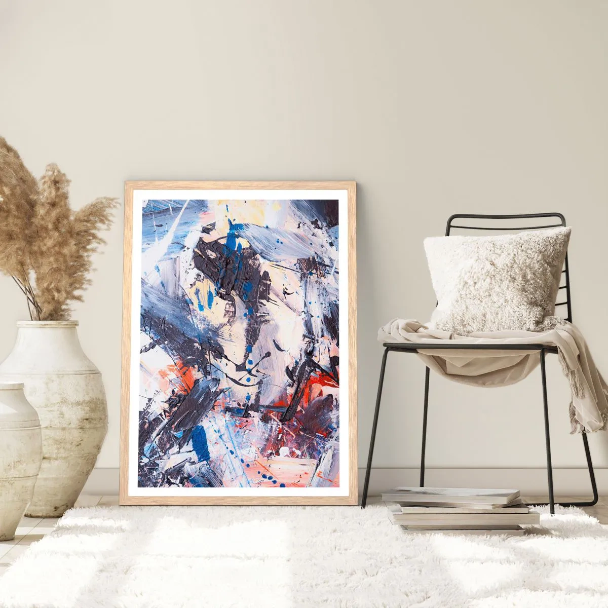 Plakat i ramme af lyst egetræ - Abstraktionens vanvittige dans - 70x100 cm