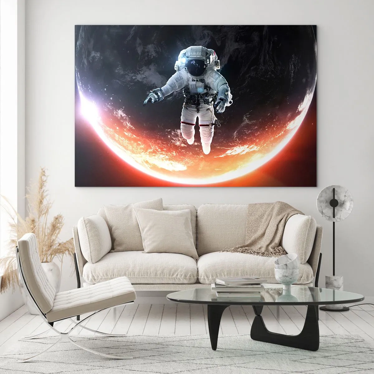 Billede på glas - Astronaut i rummet med en planet i baggrunden - 70x50cm - Må jeg blive lidt længere? - Moderne vægdekoration til stue og soveværelse ARTTOR