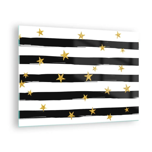 Billede på glas - Sorte og hvide striber med guldstjerner - 70x50cm - Vi blev alle født under en heldig stjerne - Moderne vægdekoration til stue og soveværelse ARTTOR