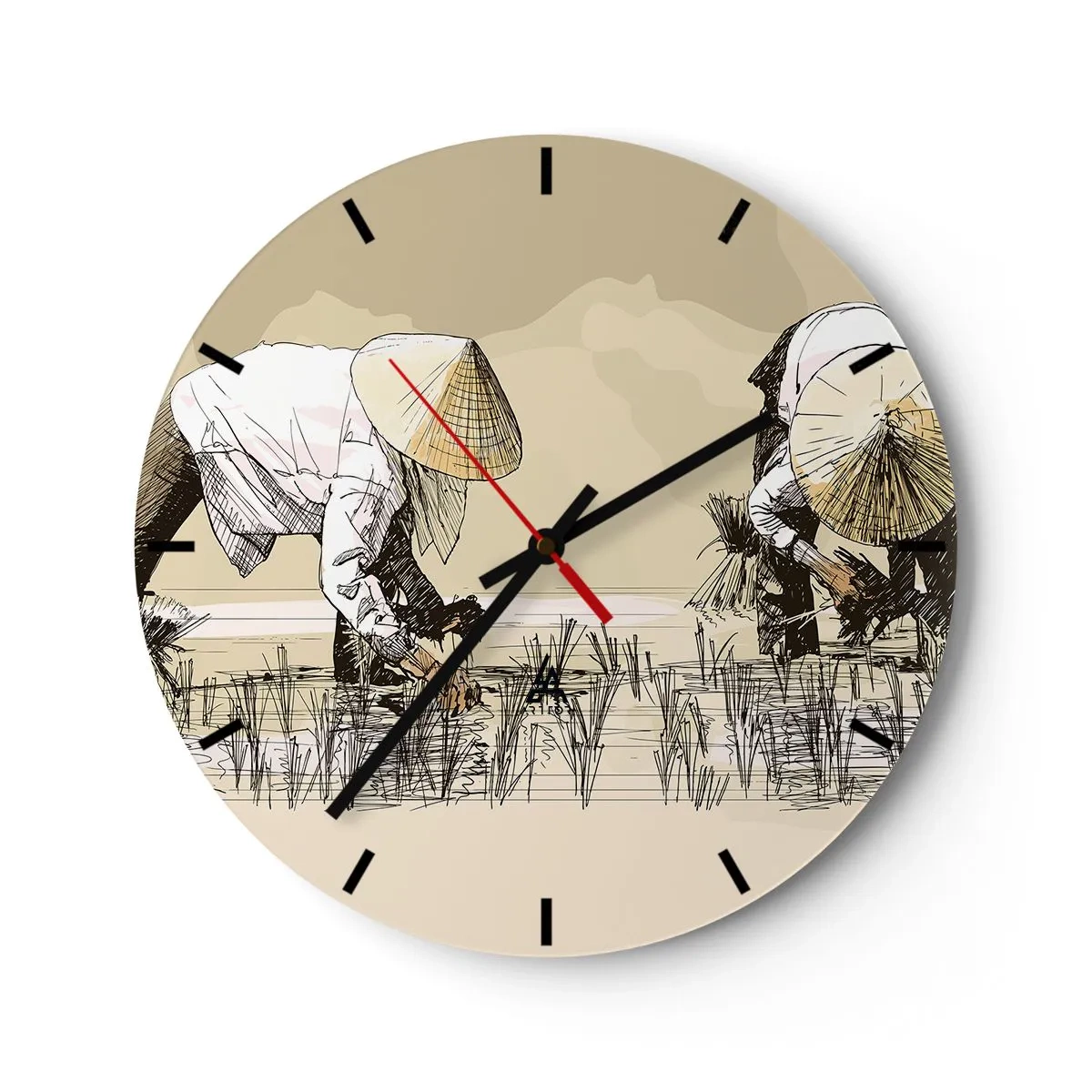 Vægur, Uret - Et tegneseriemotiv af landmænd, der arbejder i en rismark, i beige nuancer. - 30x30cm - God høst - Moderne vægdekoration til stue, køkken og soveværelse ARTTOR