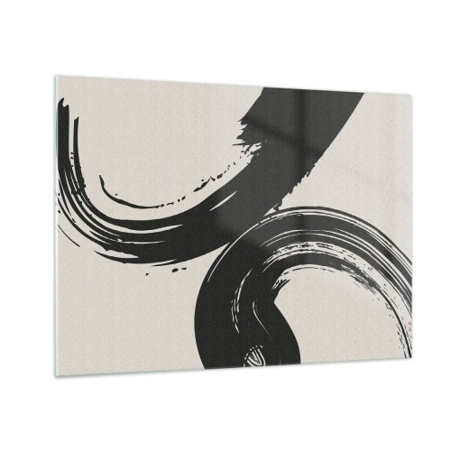 Billede på glas - Sorte, dynamiske kalligrafiske penselstrøg på en lys baggrund. - 70x50cm - Fejende og cirkulær - Moderne vægdekoration til stue og soveværelse ARTTOR