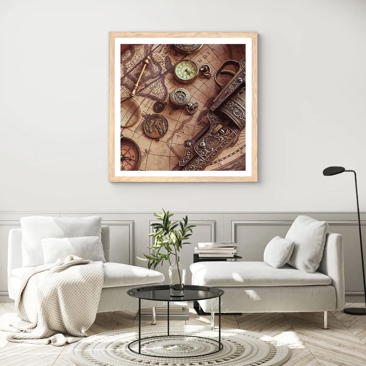 Plakat i ramme af lyst egetræ - Opkald til eventyr - 60x60 cm