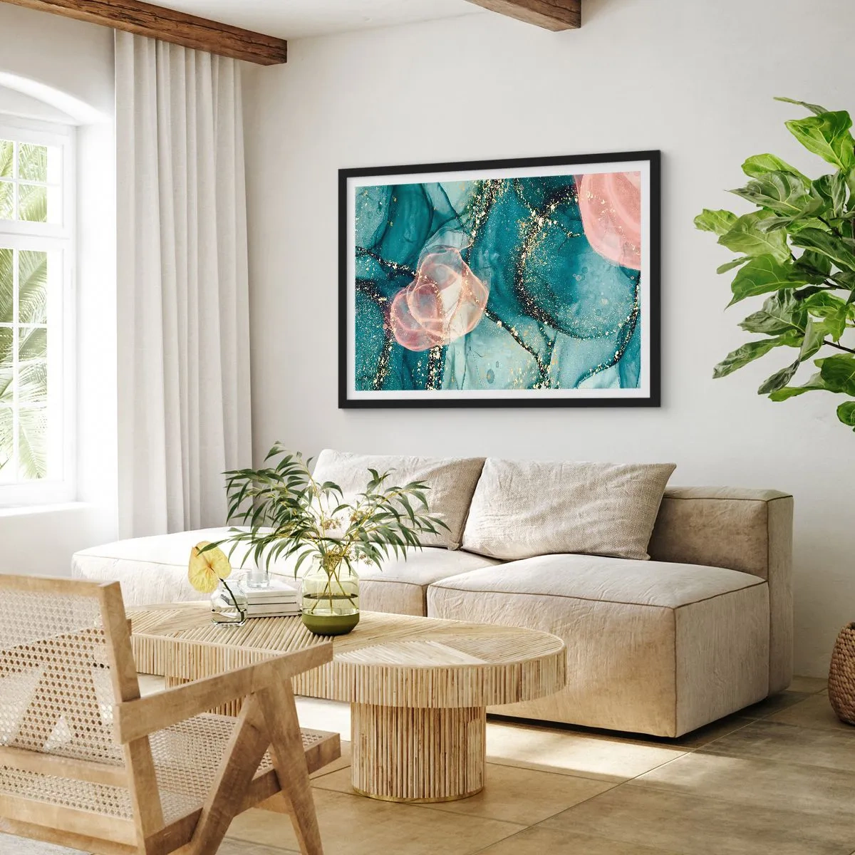 Plakat i sort ramme - Silkeblå, tyl lyserød - 50x40 cm