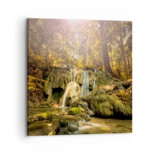 Lærredstryk - Billede på lærred - Skovkaskade i grønt - 70x70 cm