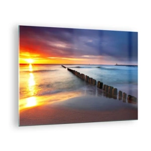 Billede på glas - Solnedgang over havet med træbølgebrydere - 70x50cm - Lyt til stilheden - Moderne vægdekoration til stue og soveværelse ARTTOR