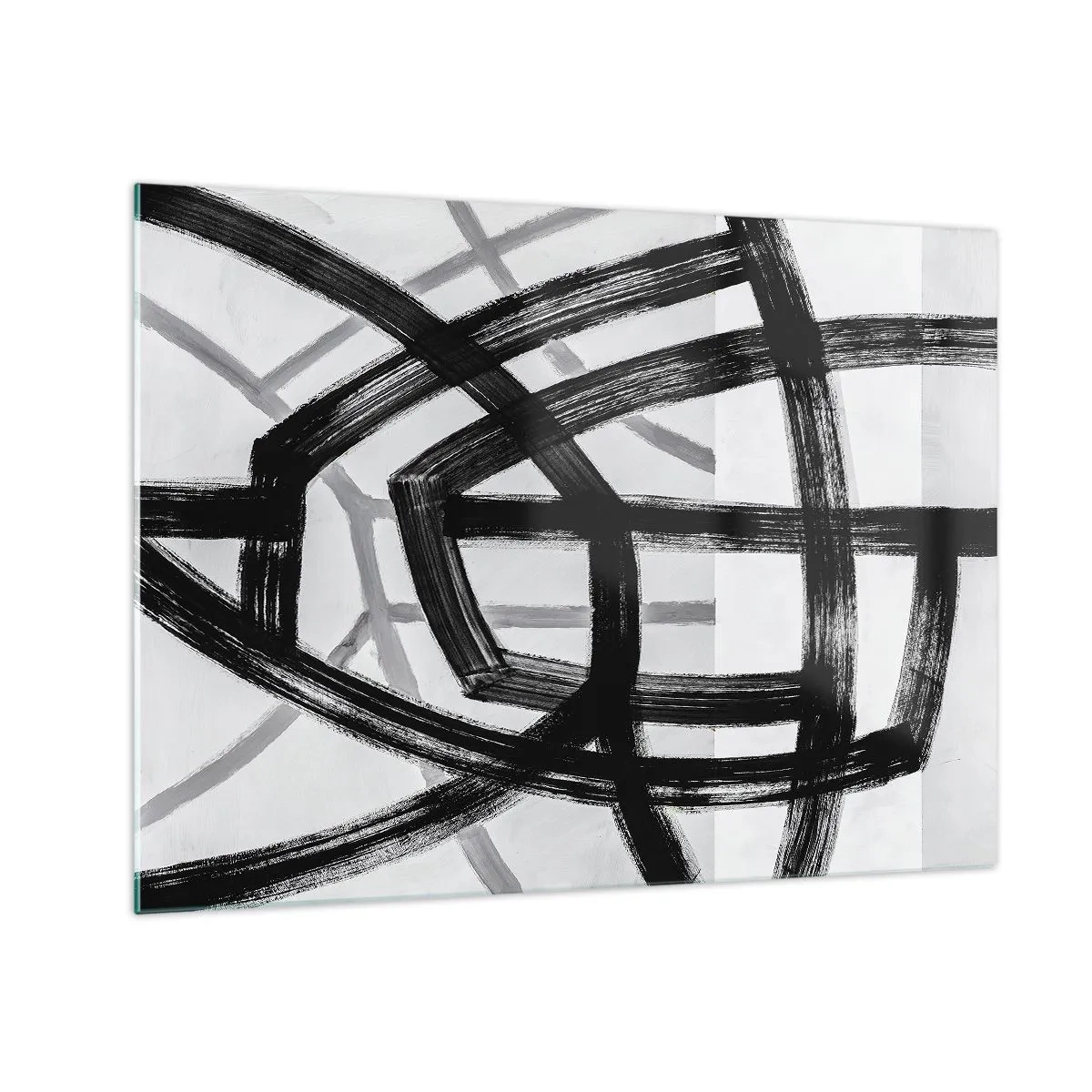 Billede på glas - Sorte og grå penselstrøg skaber et dynamisk netværk af linjer. - 70x50cm - Opbygning af dybde - Moderne vægdekoration til stue og soveværelse ARTTOR
