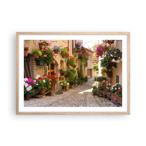 Plakat i ramme af lyst egetræ - I en strøm af blomster - 70x50 cm