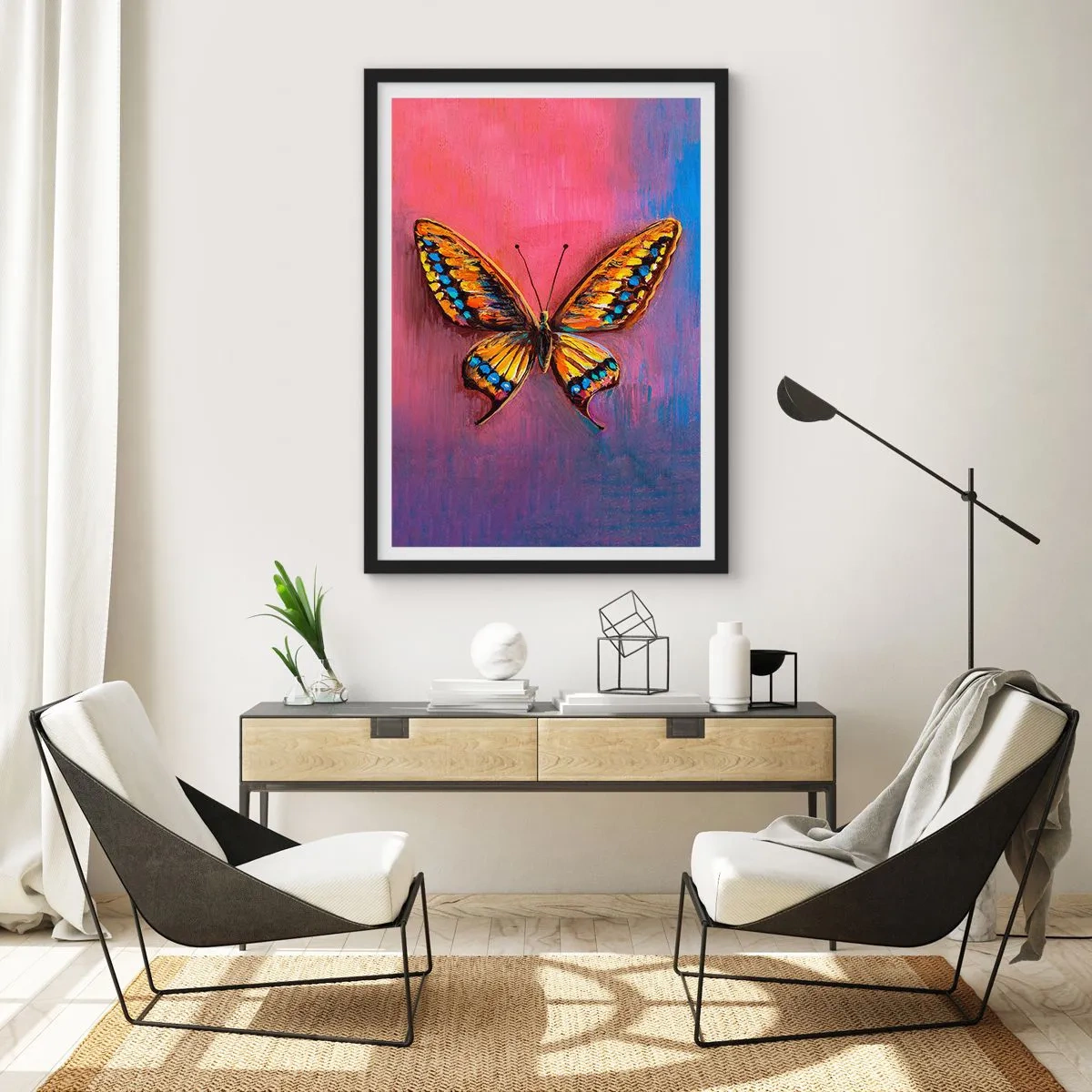 Plakat i sort ramme - En farverig sommerfugl på en kunstnerisk baggrund med intense farver. - 50x70cm - Naturens juvel - Moderne vægdekoration til stue og soveværelse ARTTOR