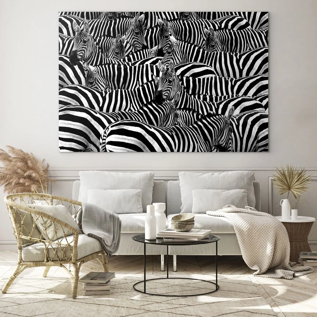 Billede på glas - En flok zebraer i monokrom - 70x50cm - Stribet gruppeportræt - Moderne vægdekoration til stue og soveværelse ARTTOR