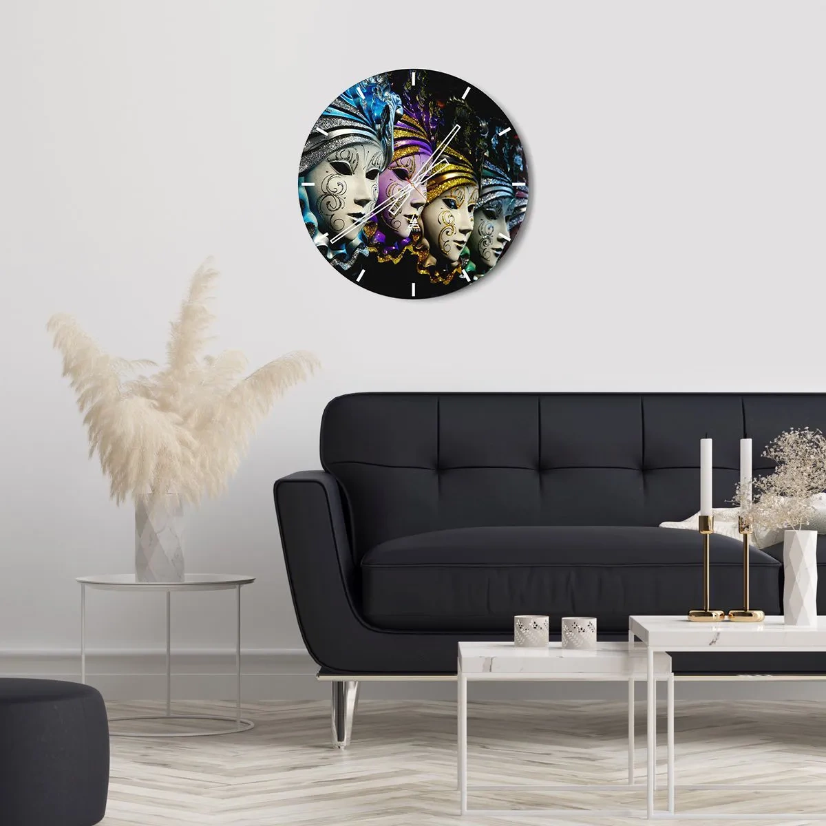 Vægur, Uret - Farverige karnevalsmasker med glitterdekorationer - 30x30cm - Mysterium i guld og sølv - Moderne vægdekoration til stue, køkken og soveværelse ARTTOR